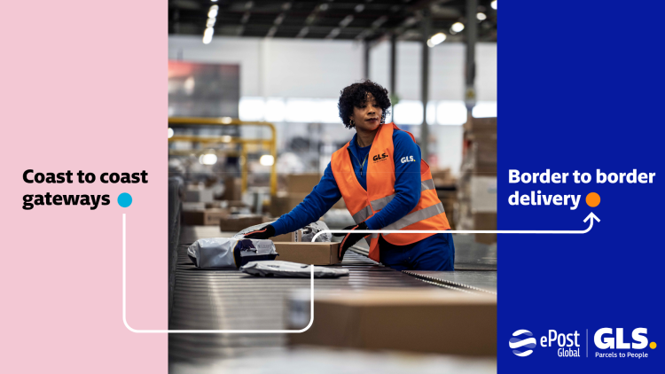 A GLS employee sorts packages on a conveyor. Text on the image reads ‘Coast to coast gateways, border to border delivery.
