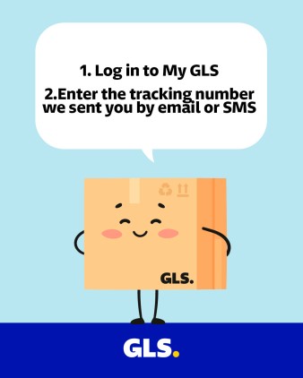 Illustration of a GLS parcel explaining how to log in to My GLS and enter the tracking number received by email or SMS.