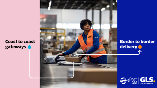 GLS ePost Global announcement photo with GLS worker carrying packages in depot